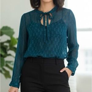 Abercrombie Fitch Teal Tie Neck Bow Sheer Long Sleeve Blouse XS Vintage Y2K A&F
